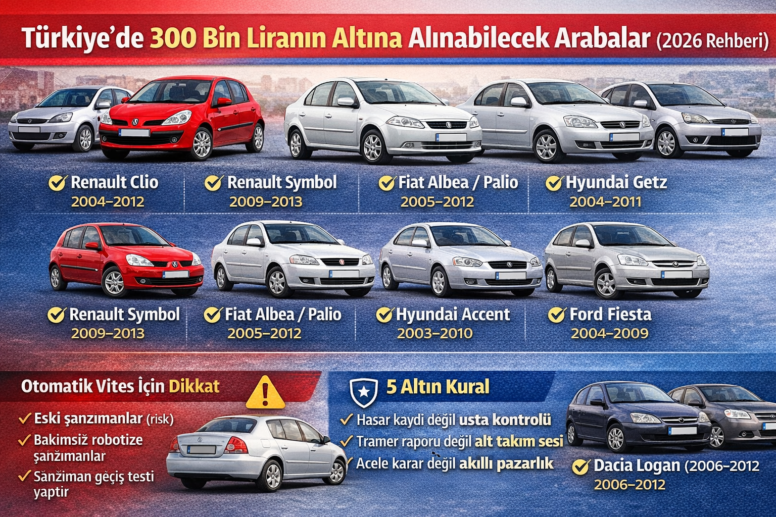 300 bin TL bütçeyle 2026’da alınabilecek ikinci el otomobiller, artıları-eksileri