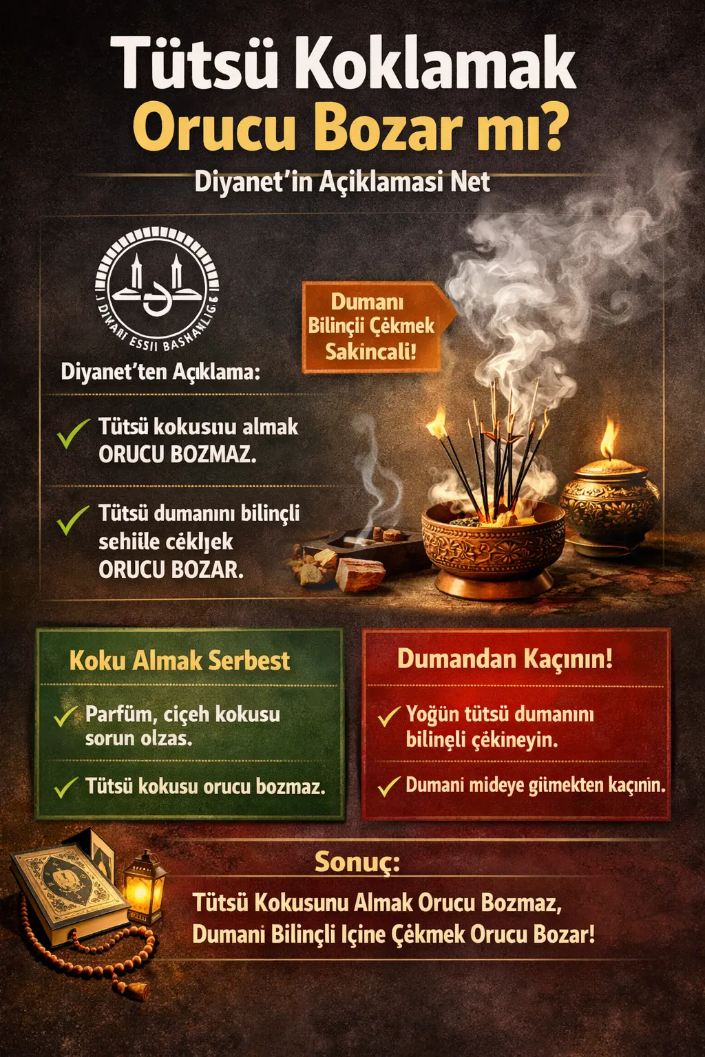 Tütsü kokusu orucu bozmaz. Dumanı bilinçli çekmek ise sakıncalı kabul