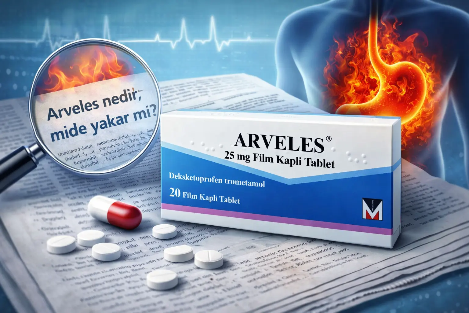 Arveles, dexketoprofen içeren güçlü bir ağrı kesicidir. Mide yanması yapabilir,