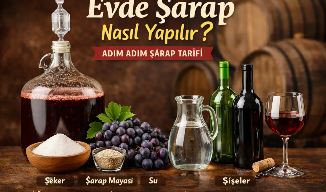 Evde şarap yapmak için üzüm, şeker, su ve maya kullanılır.