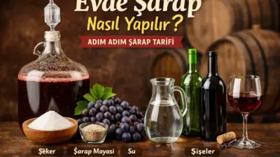 Evde şarap yapmak için üzüm, şeker, su ve maya kullanılır.