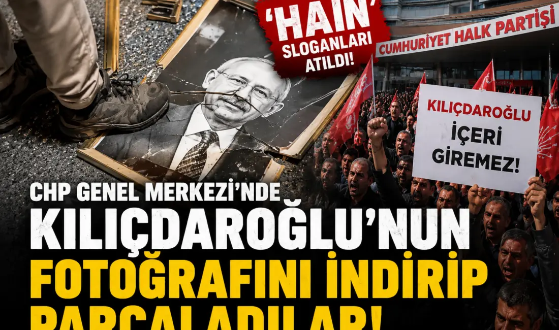 Ankara’daki CHP Genel Merkezi önünde toplanan partililer, Kemal Kılıçdaroğlu’nun asılı