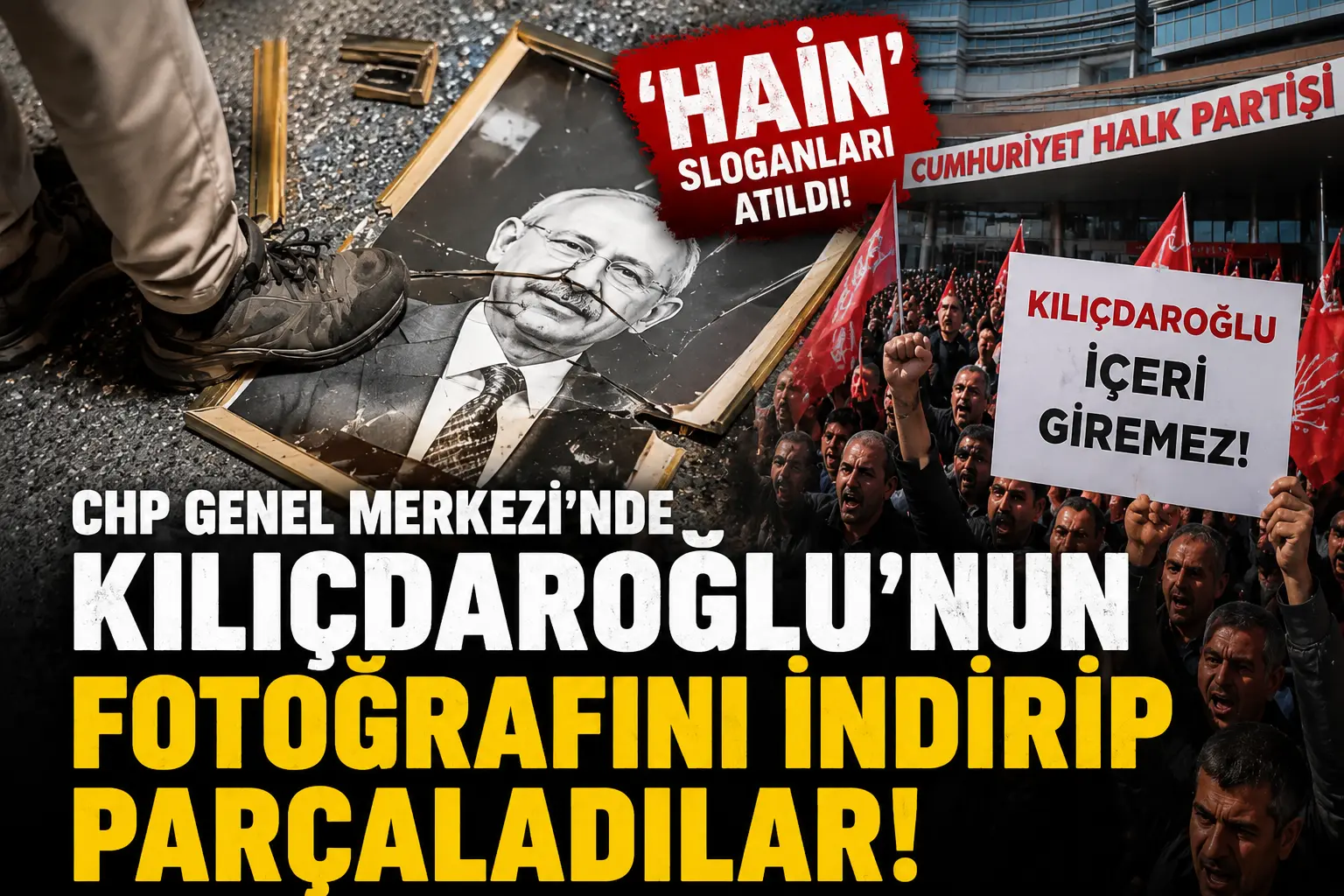 Ankara’daki CHP Genel Merkezi önünde toplanan partililer, Kemal Kılıçdaroğlu’nun asılı