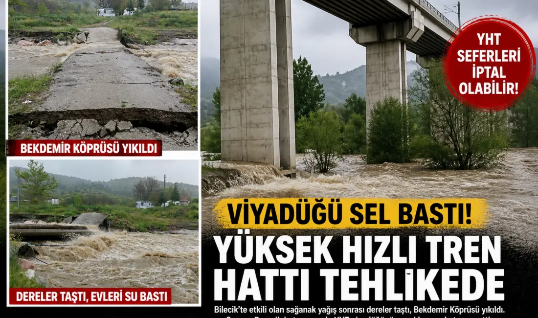 Bilecik’te sel köprüleri yıktı, YHT viyadüğü risk altında, seferler durabilir.